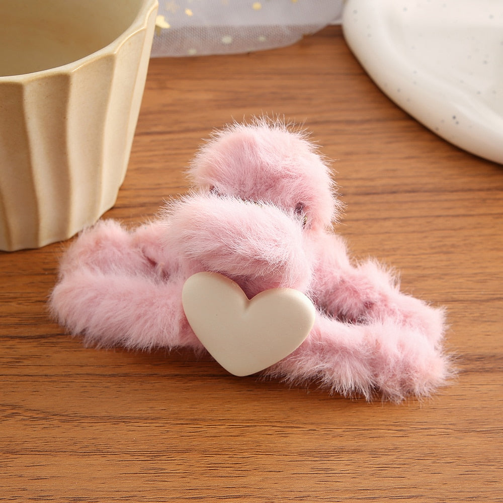 Cute Plush Heart Cartoon Bow Hair Claws For Women Girls Shark Hair Clips Hair Accesseries