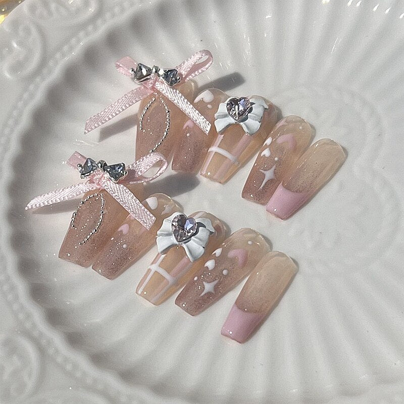 Handmade Luxury Short False Nails Art Glittery Rhinestone Press On Nail Y2K Reusable Full Cover Long Coffin Fake Nail With Glue