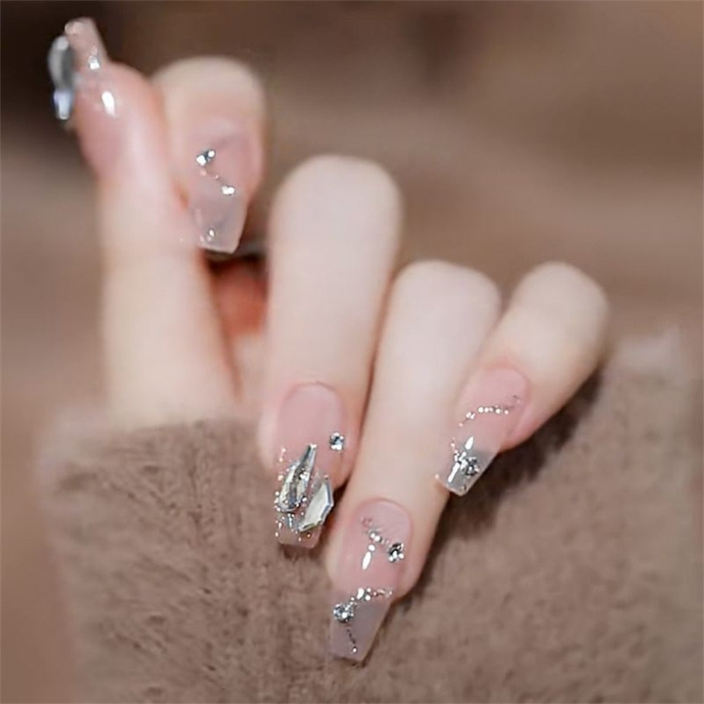 24pcs Rhinestone Design Fake Nails Shiny nail Decorations Press On nail Tips False Nail Patch