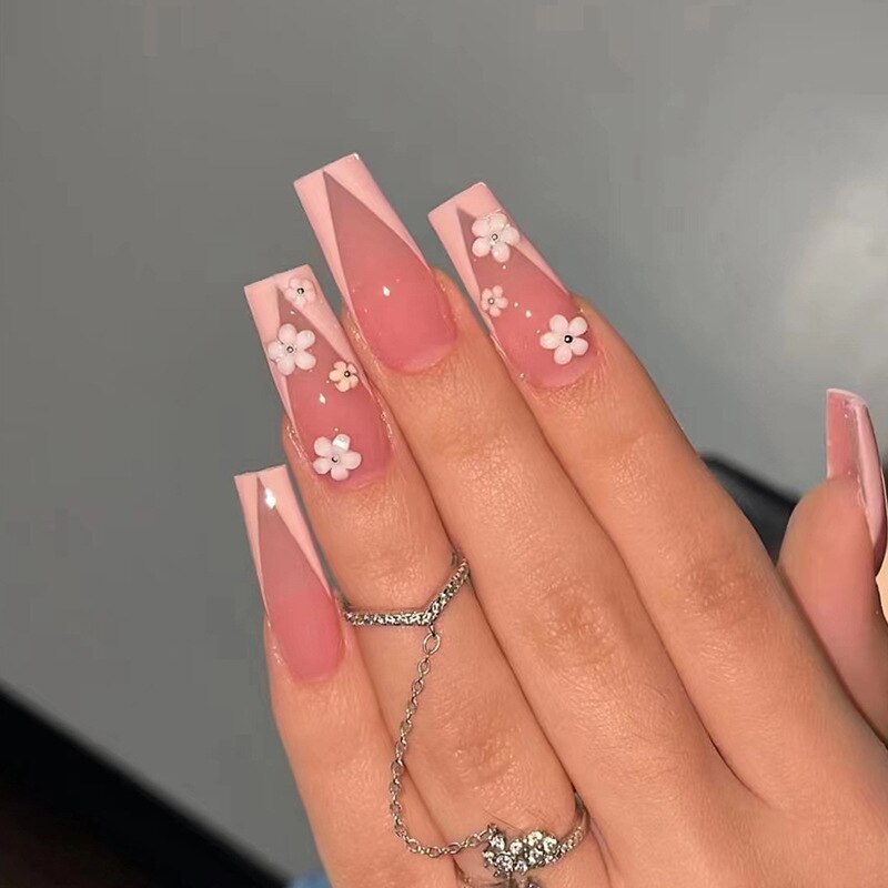 24Pcs Long French False Nails with Glue Pink Flower Design Fake Nails Wearable Ballerina Press on Nails Full Cover Manicure Tips