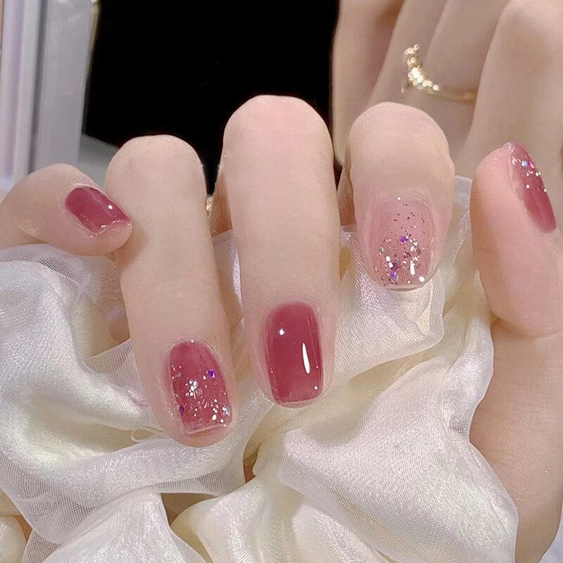 24pcs removeable short fake nails with glue Nude Pink artificial false nails with diamond designs acrylic press on nails