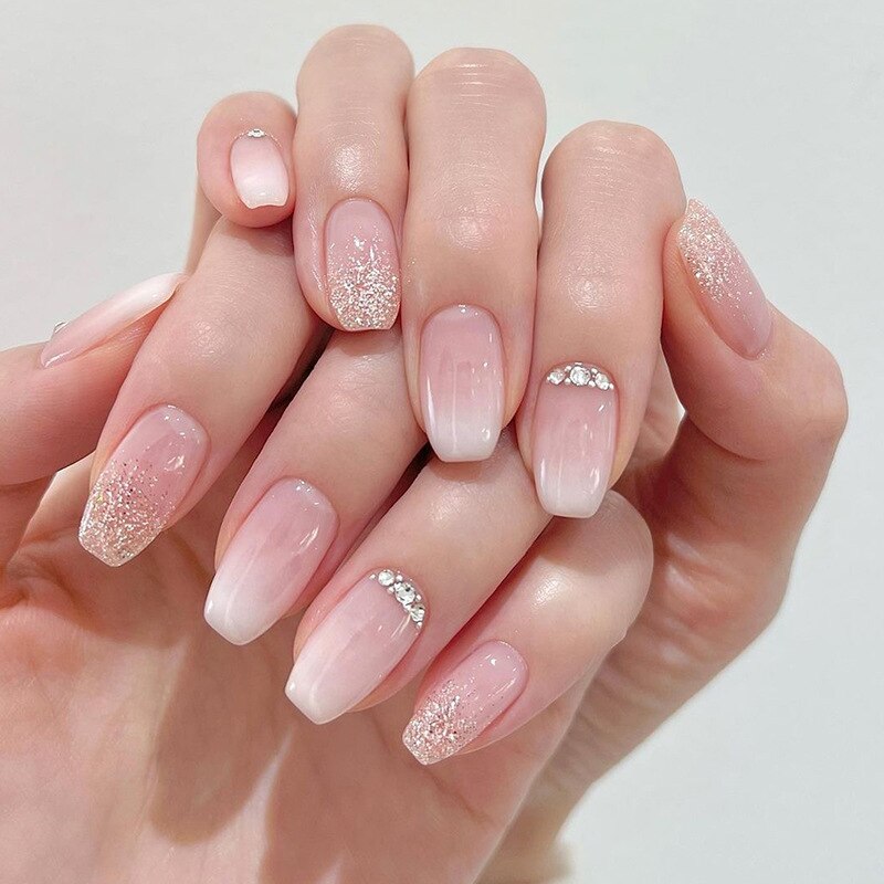 24pcs wearable french gradient pink white press on nails coffin ballet simple classic french artificial fake nails with glue