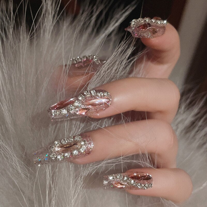 24Pcs/box Luxe Shining Rhinestone Wedding False Nails Transparent Glitter Gems Crown Designed Square Full Short nails Bride