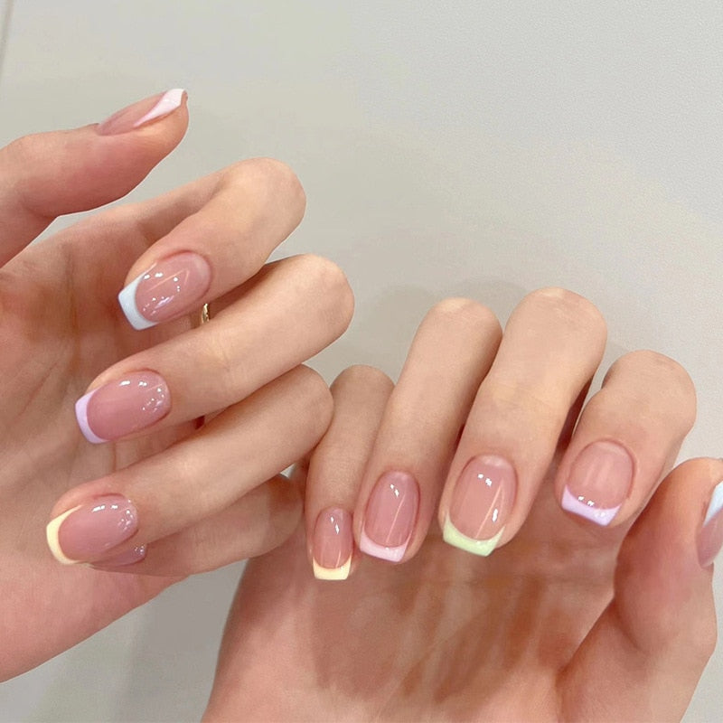 24pcs Long gradient nude false nail with glue simple artifical press on nails acrylic nails natural stick on nails set