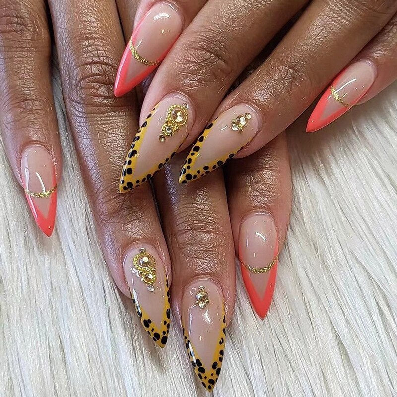 Long Stiletto False Nails with Black Edge French Gold Thread & Black Rhinestones Design Wearable Fake Nail Press on Manicure Tip