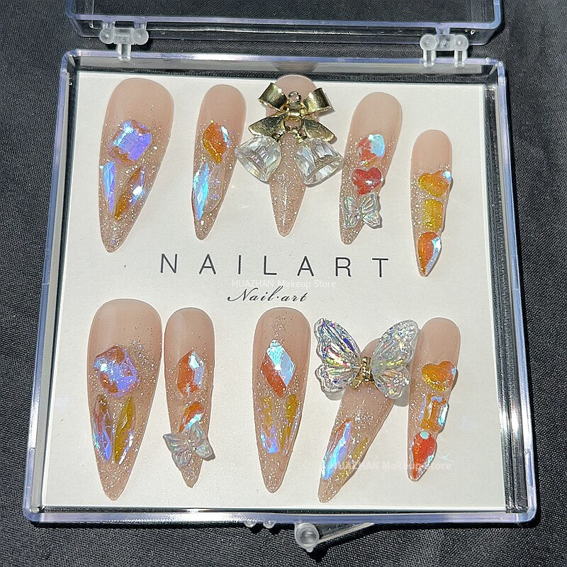 Butterfly Press On Nails Y2K Glitter Rhinestone Fake Nail With Glue Customized Handmade Long Coffin Stiletto False Nails Tips