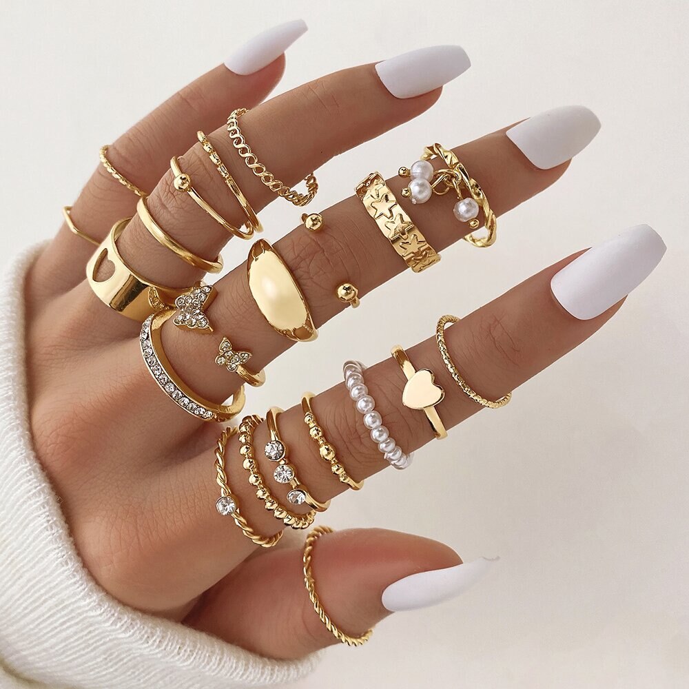 23pcs Hiphop Gold Color Geometric Wheat Rings Set For Women Girls Punk Star Moon Eye Wave Finger Rings Jewelry Party