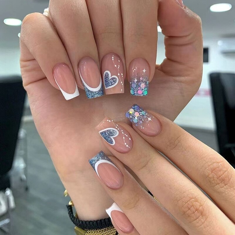 24pcs Press on Nails with Beauty Butterfly Sequins Design Blue Flash Square False Nails Wearable Summer Nails Tips Supplies