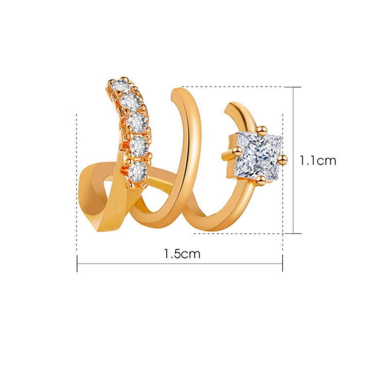 Gold Color Three Layers Ear Cuff for Women Earings CZ Zircon Fake Piercing Claw Clip on Earrings Jewelry