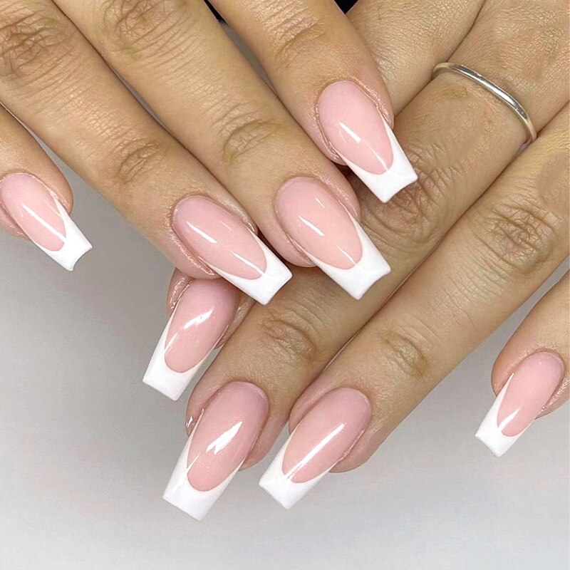 24Pcs Simple False Nails with White Edged Designs Long Ballerina Fake Nails Wearable Coffin French Nails Tips Press on Nails