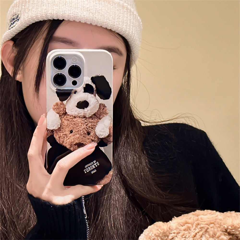 Korean Cute Bear Dog Couple Phone Case For iPhone 15 14 13 12 11 Pro Max Mini X XR 7 8 Plus SE 3 Glossy Shockproof Soft Cover