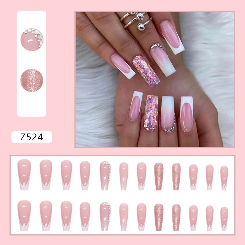 24Pcs Long Coffin False Nails Gold Glitter Sequins Designs Press On Full Cover Fake Nails Tips Wearable Manicure Art