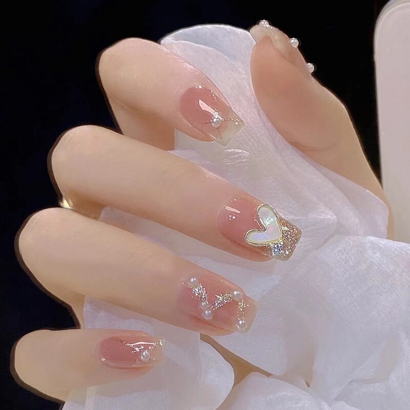 24pcs Nude milky French false nails with glue white nail tips full cover artificial nails with pearl heart wearable jelly nails