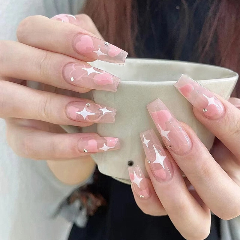 24pcs Wearable korean press on nails short ballet Artificial Nails with glue Cute sweet cool Pearl diamond Designs Fake Nails