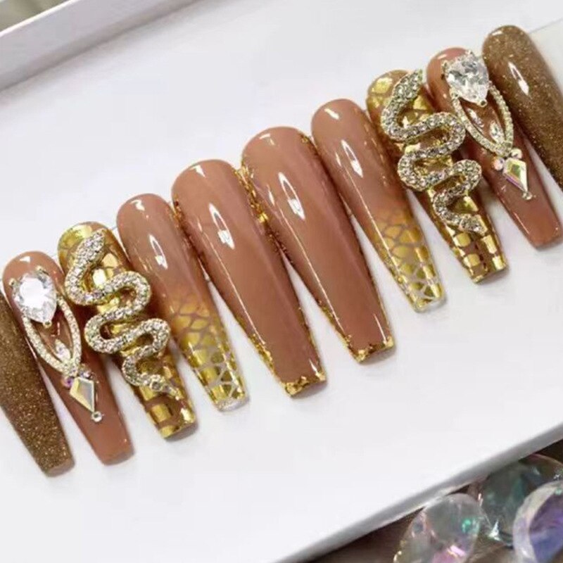 24Pcs Leopard Design False Nails Long Coffin Fake Nails with Rhinestone Wearable Ballet Press on Nails Full Cover Nail Tips