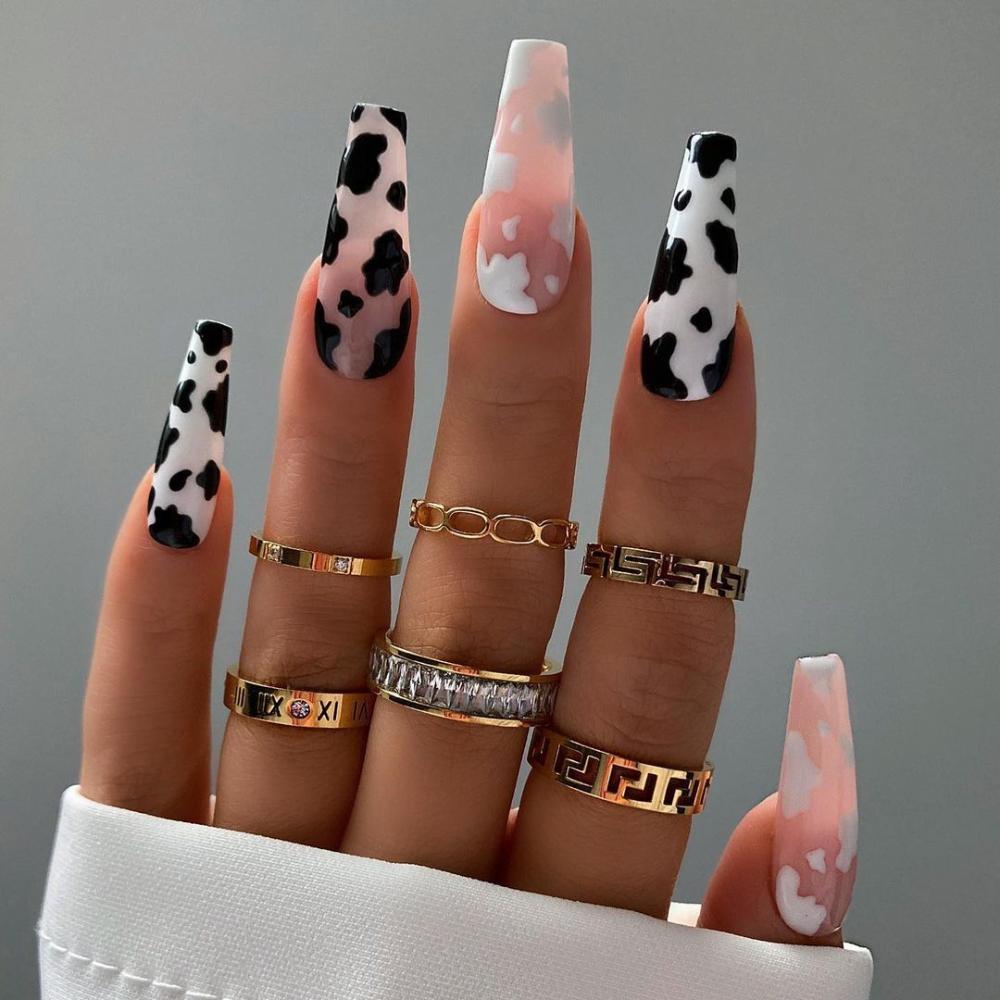 Pink Cow Design False Nail French Full Cover Long Coffin Fake Nails Glue DIY Manicure Nail Art Tools press on nails nail tips