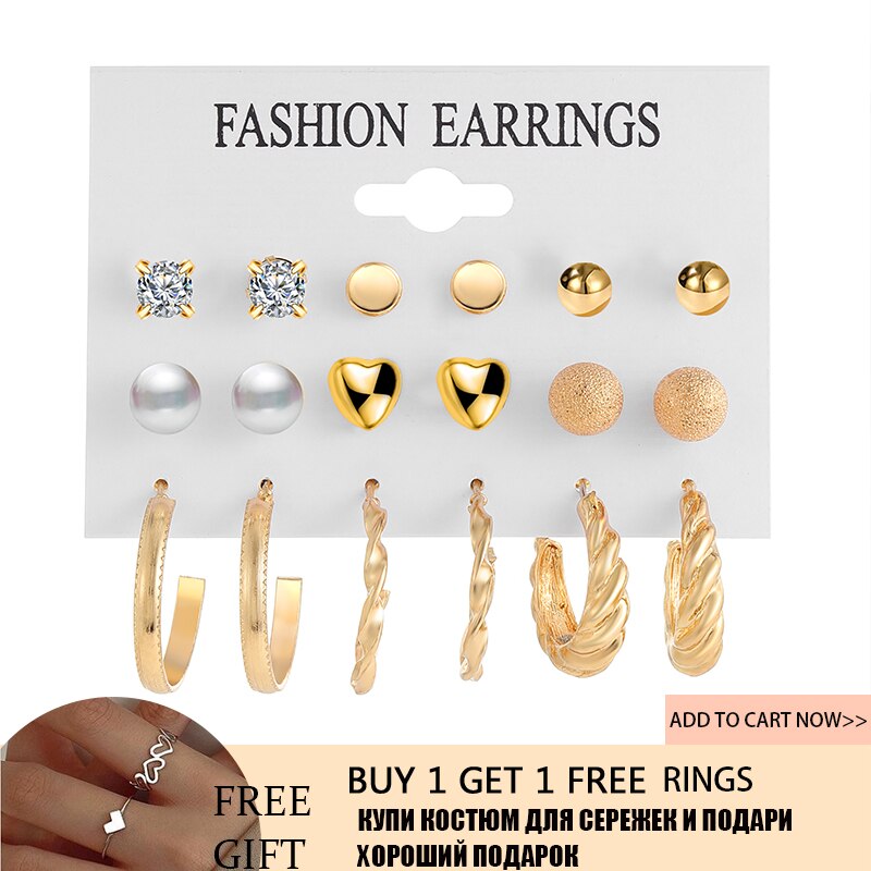 17KM Gold Color Twist Hoop Earrings Set for Women Girls Heart Pearl Metal Earring