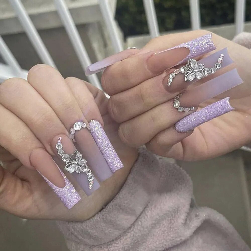 24Pcs Long Coffin White French False Nails Ballerina with Rhinestones Wearable Fake Nails Art Full Cover Press On Nails Tips