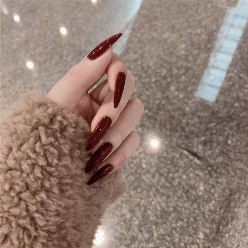 24pcs/Box Long Stiletto False Nails with Glue Red Nude Pink White MilkTea Color Jelly Nails Tips Full Cover Press On Nails