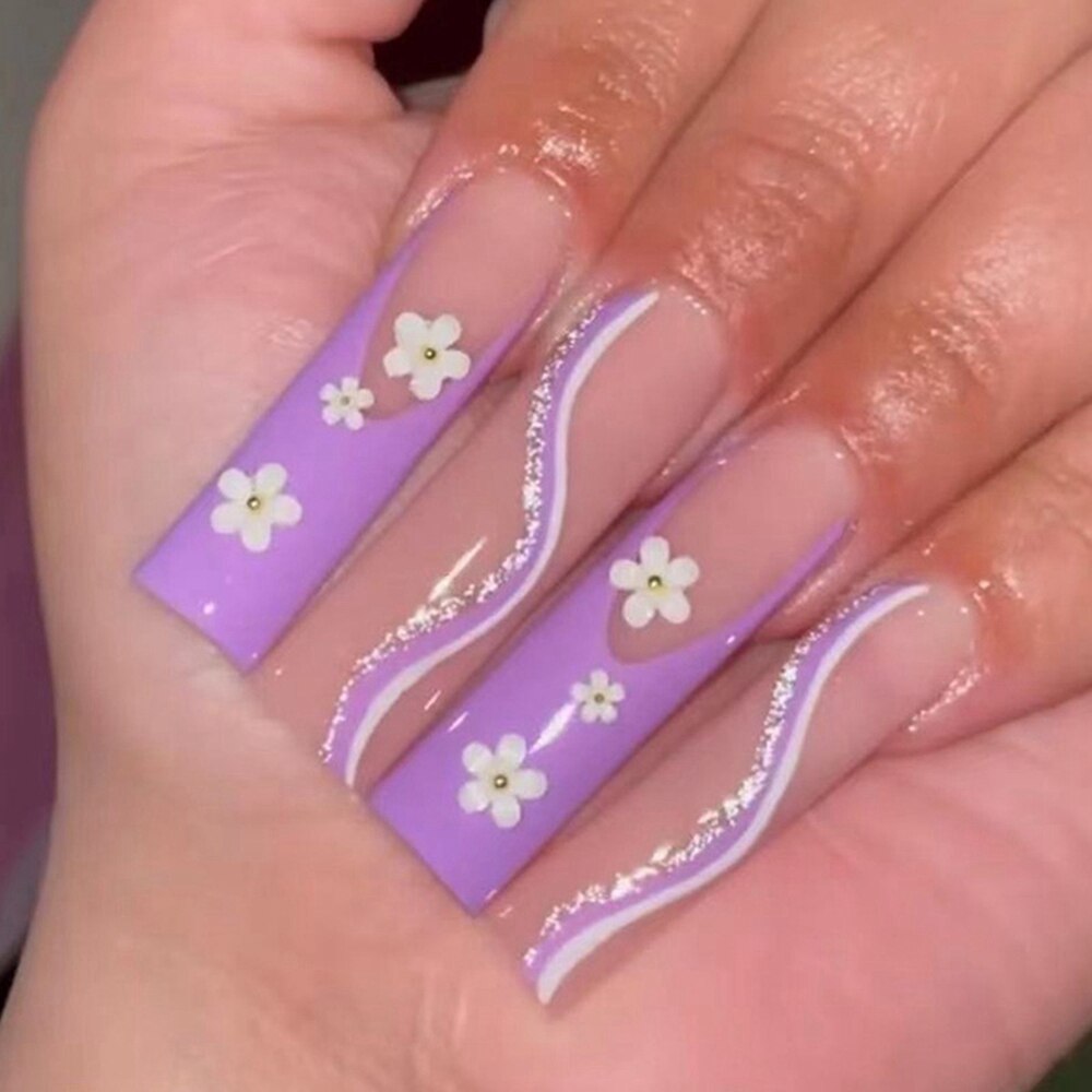 Press On Nails Long Blue Heart Coffin False Nails Star Shiny Pattern Design Ballerina Fake Nails Manicure Full Cover Nail Tips