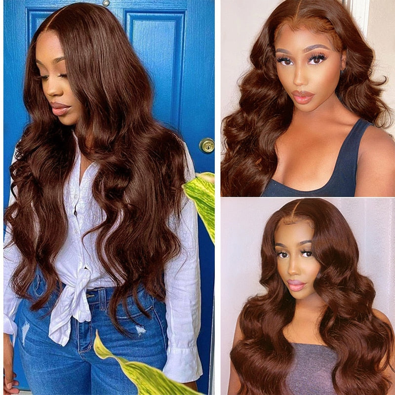 Body Wave Chocolate Brown 13X4 Lace Front Wigs 180% Density Colored Synthetic Dark Brown Lace Front Wig For Black Women