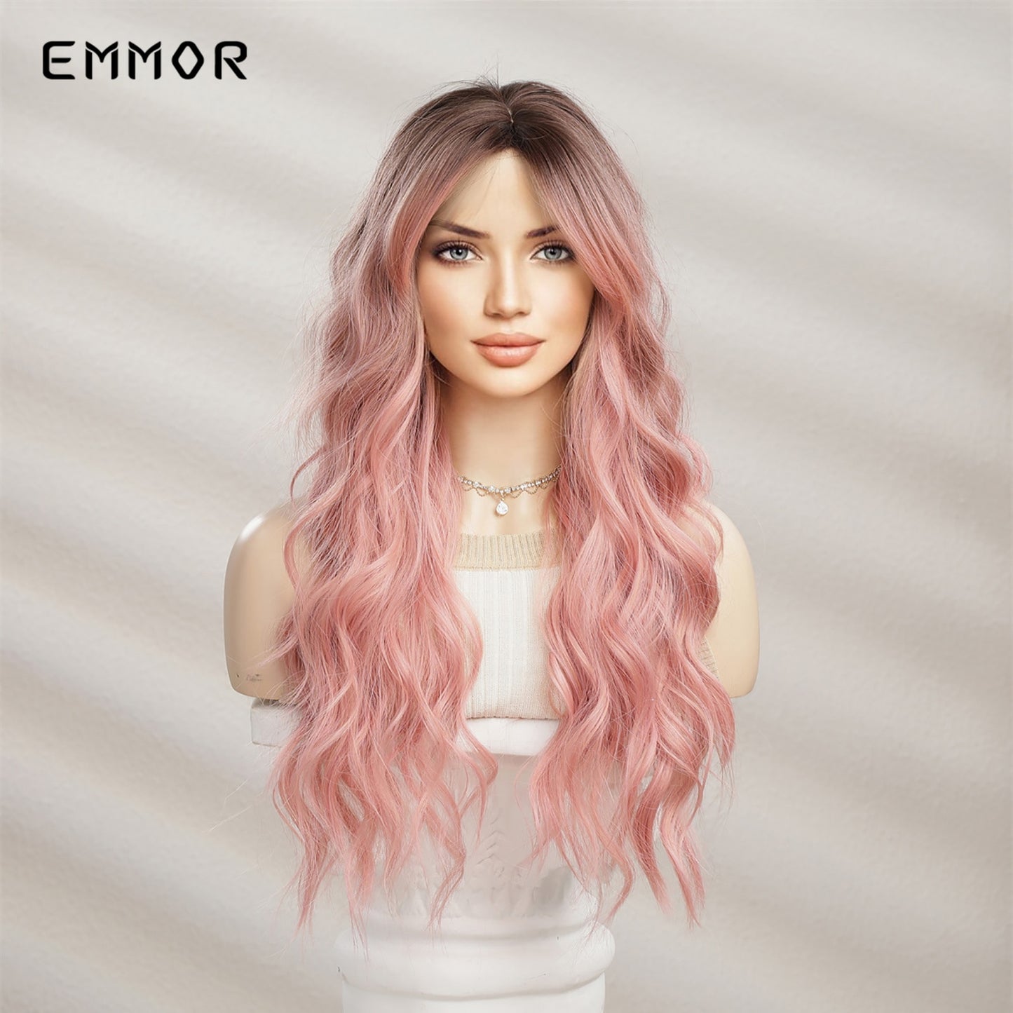 Synthetic Long Wavy Wigs with Bangs for Women Cosplay Natural Ombre Black to Pink Hair Wig High Temperature Fiber