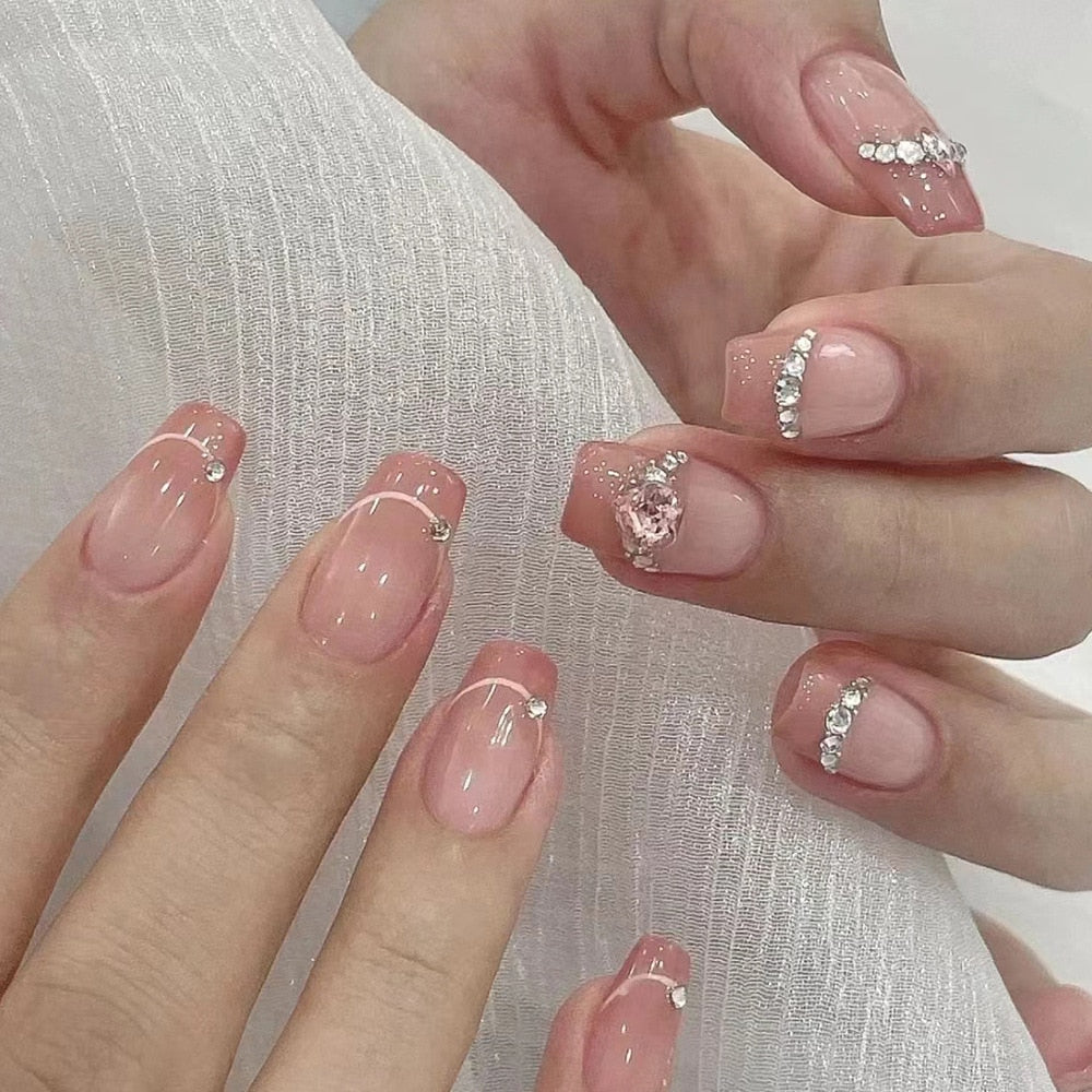 24pcs removeable short fake nails with glue Nude Pink artificial false nails with diamond designs acrylic press on nails