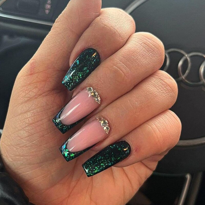 24Pcs Leopard Design False Nails Long Coffin Fake Nails with Rhinestone Wearable Ballet Press on Nails Full Cover Nail Tips