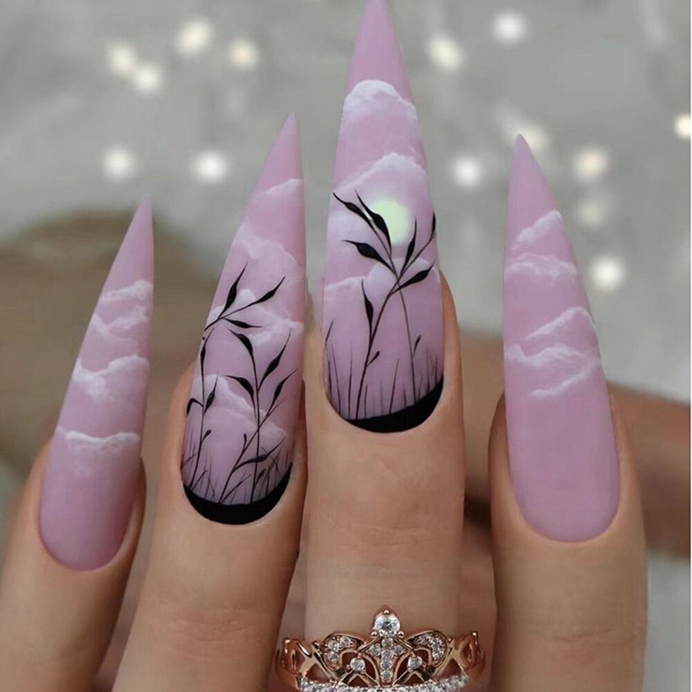 24pcs Long Stiletto False Nails Flower Tree Wearable French Fake Nails Press On Nails Leopard print Design Manicure Tips