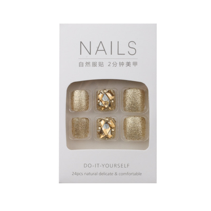 Gold Full Diamond Feet Nails Press On Fake Glitter Toe Nail Stickers Full Cover Toe Nail Tips False Foot Nails