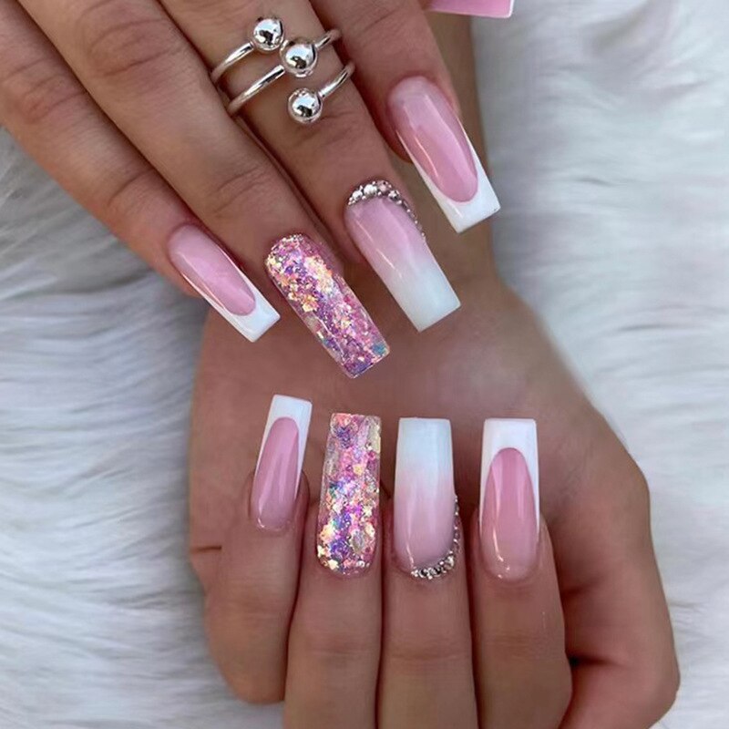 24Pcs Long French False Nails with Glue Pink Flower Design Fake Nails Wearable Ballerina Press on Nails Full Cover Manicure Tips