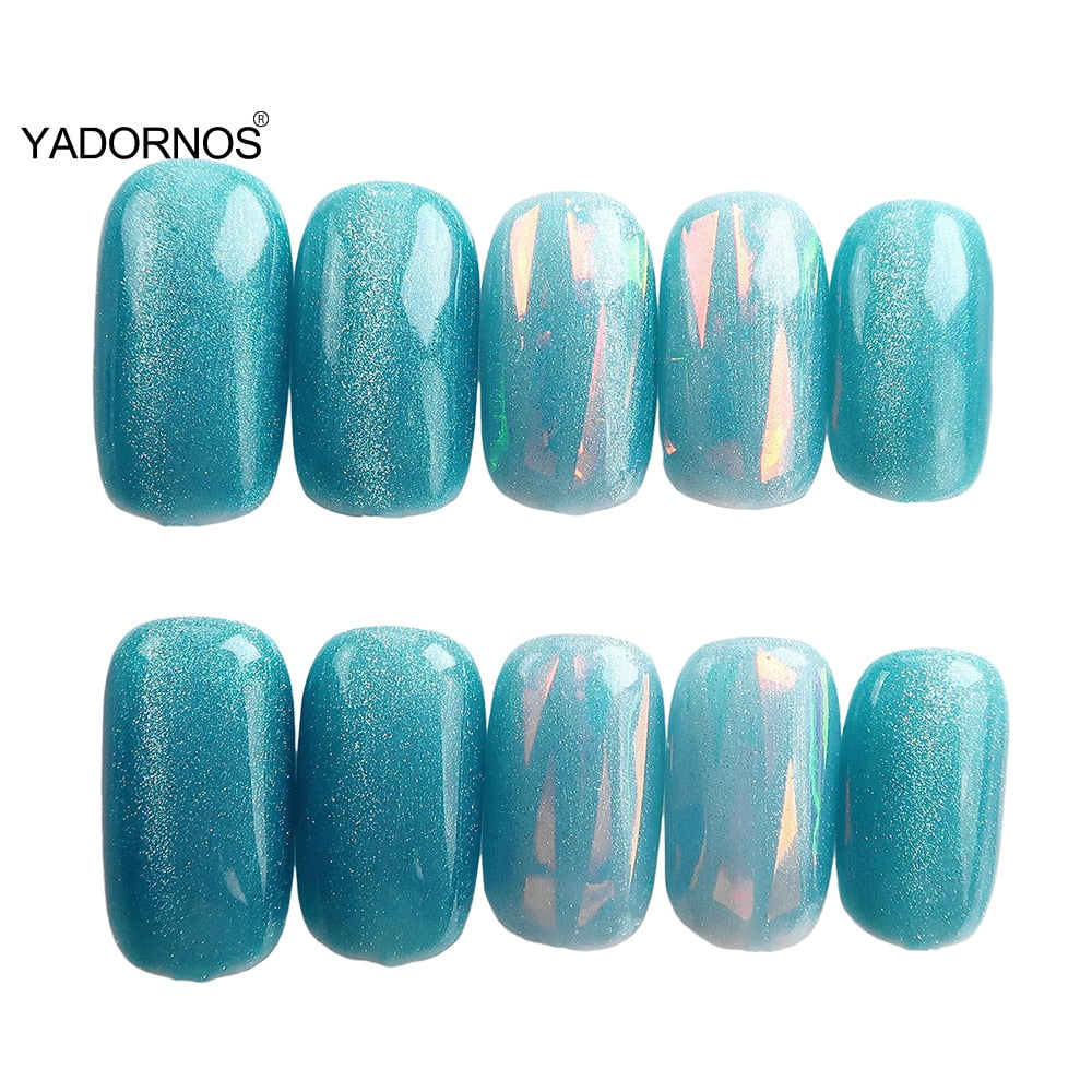 24pcs Cat Eye False Nail Sky Blue Color Fake Nail Tips Full Cover Fashion Nail Art Short Style Press on Nail Manicure Nail Tips