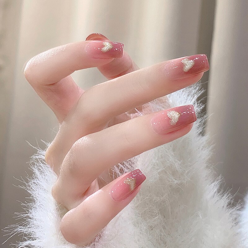 24pcs removeable y2k false nails with heart designs full cover french fake nail patch acrylic press on nails stick on white nail