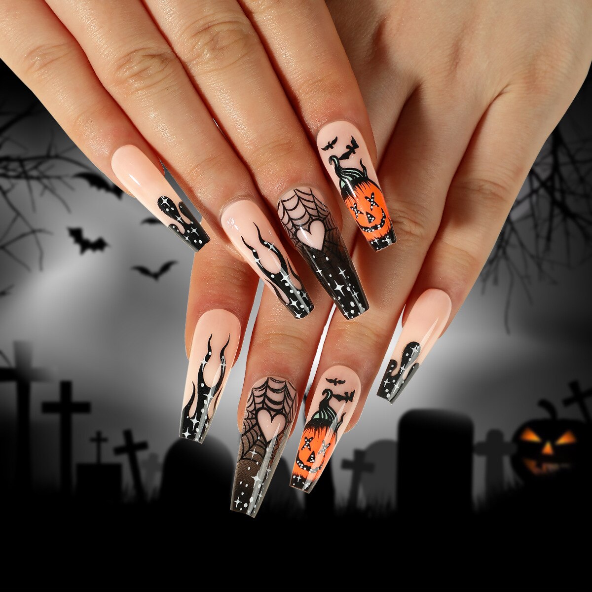 24Pcs Halloween False Nails Long Ballet Fake Nails with Ghost Cobweb Design Pink French Coffin Full Cover Press on Nail Tips