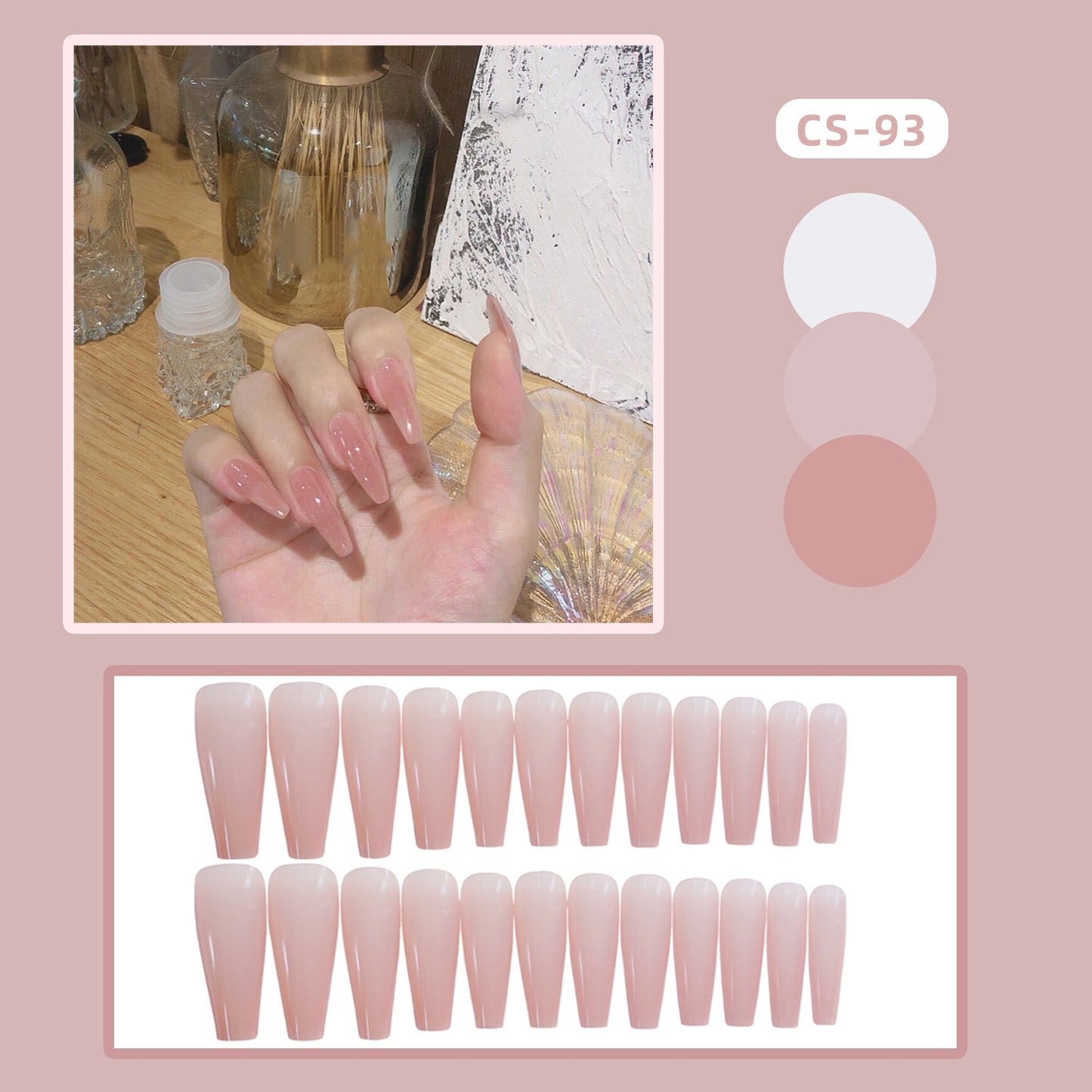 24pcs/Box Long Coffin False Nails Art Rose with Glue Wearable Nude Pink White Color Jelly Nails Tips Full Cover Press On Nails