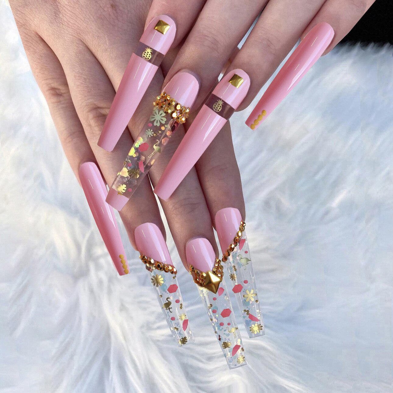 24Pcs Extra Long Ballet False Nails with Rhinestone Acrylic Square Head Fake Nails Heart-shaped Designs Wearable Press on Nails