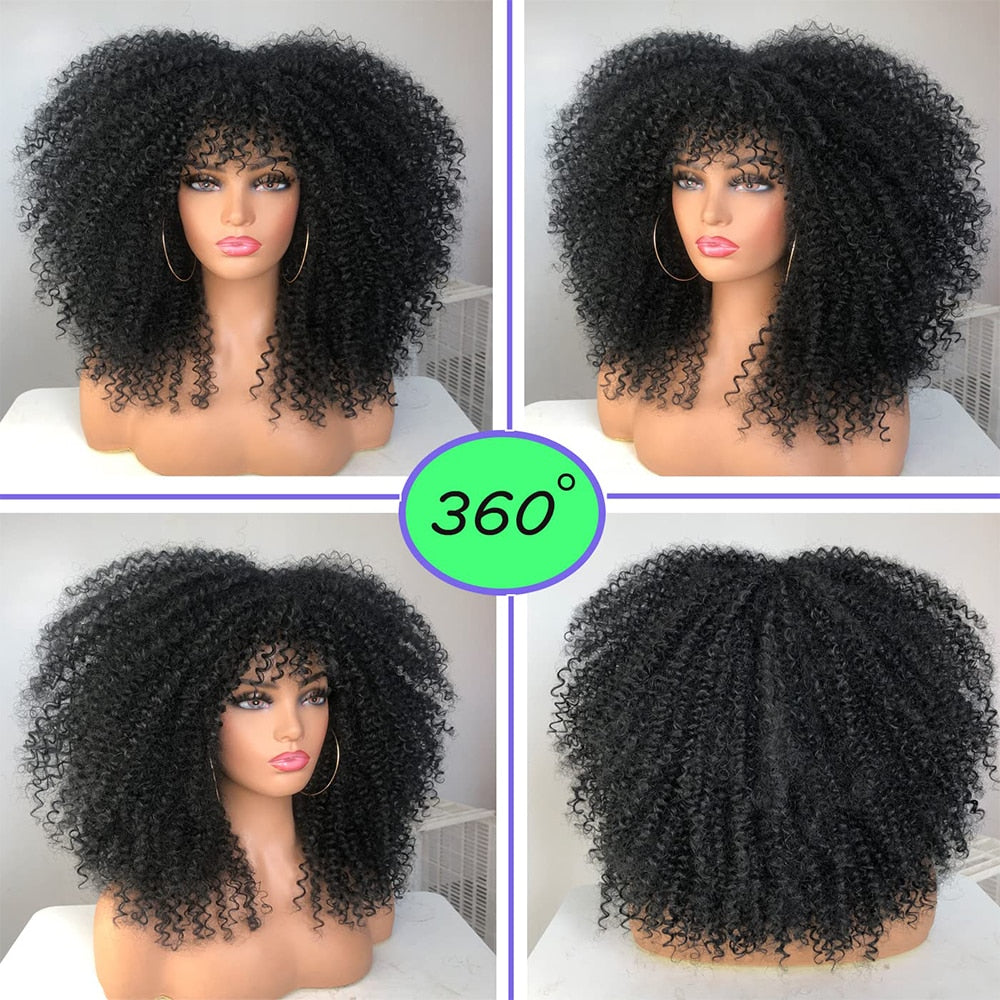 Short Hair Afro Kinky Curly Wigs With Bangs For Black Women Fluffy Synthetic African Ombre Glueless Brown Blonde Cosplay Wigs