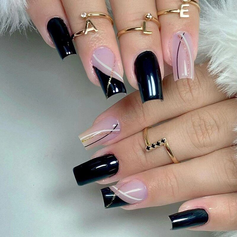 24Pcs Simple False Nails with White Edged Designs Long Ballerina Fake Nails Wearable Coffin French Nails Tips Press on Nails