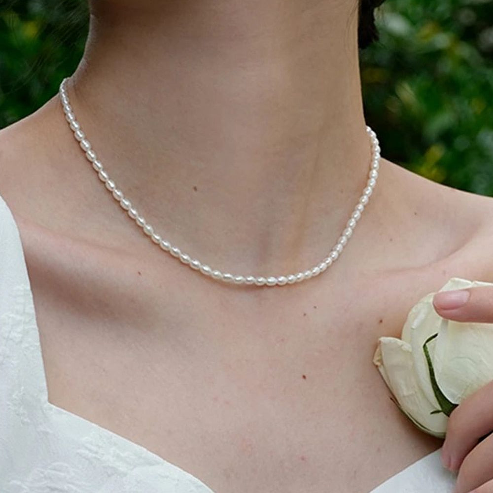 3MM Imitation Pearl Necklace Oval White Stainless Steel Necklace Women's Collarbone Chain