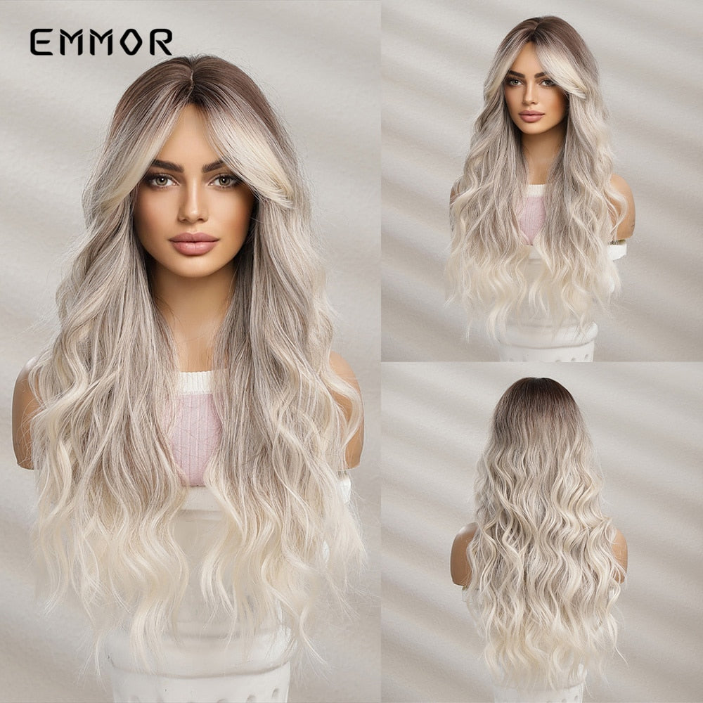 Synthetic Long Wavy Wigs with Bangs for Women Cosplay Natural Ombre Black to Pink Hair Wig High Temperature Fiber