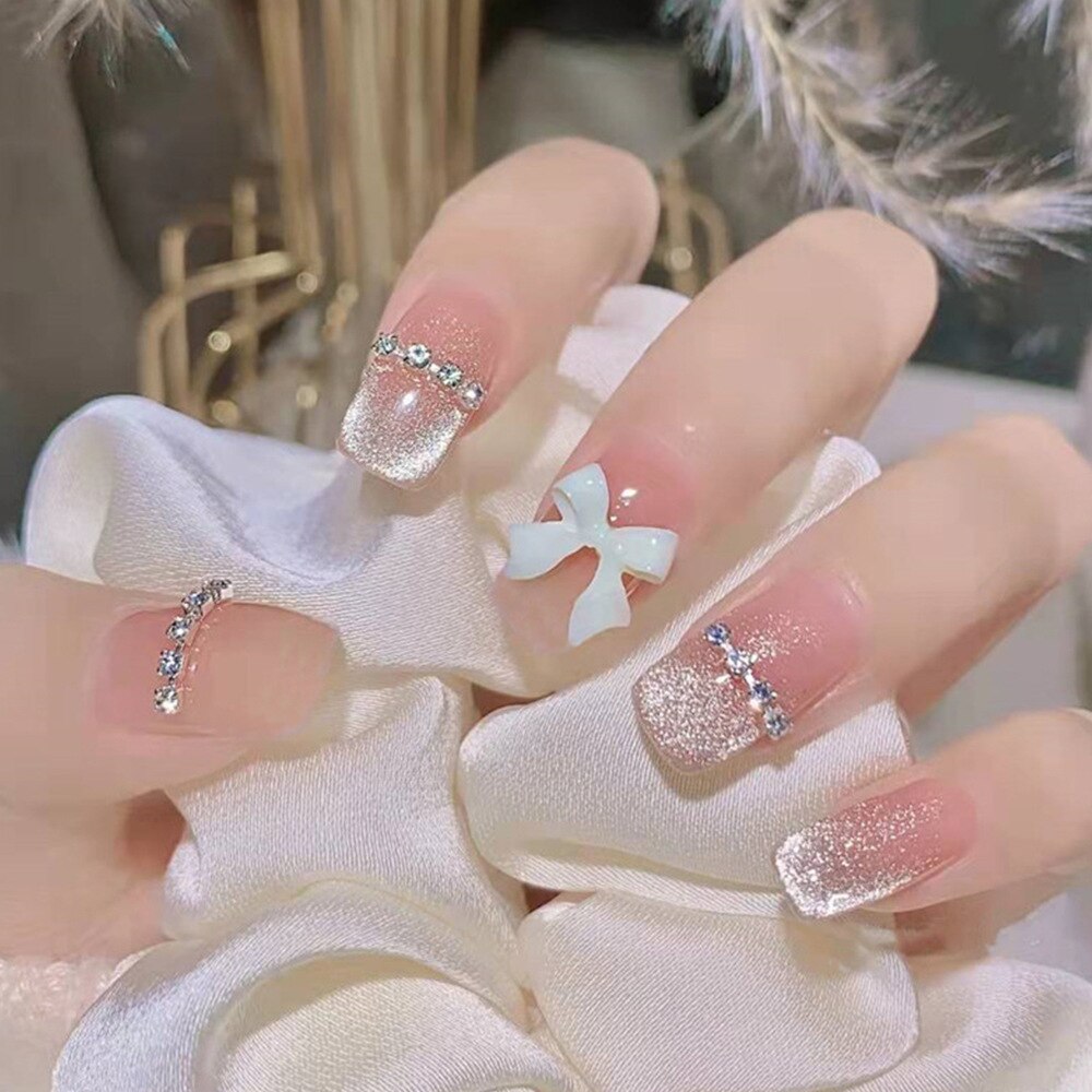 Fake Nails Sets Press on Ballet False Nails with Flower Designs Removable Acrylic Artificial Nails Glitter Nails Art Long Tips