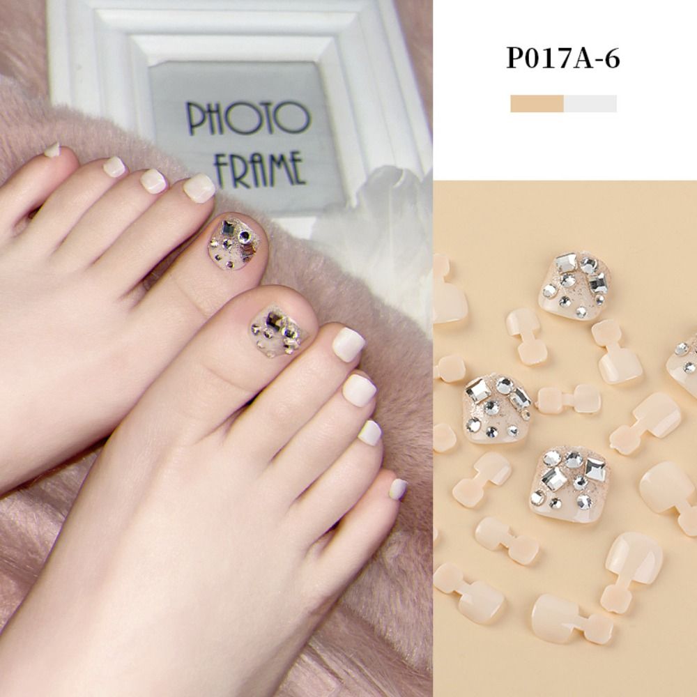 Artificial Toenails Glitter Rhinestones Sequins Fake Toenails Full Cover Short Square Toe Nails Foot Nails Tips for Women Girls