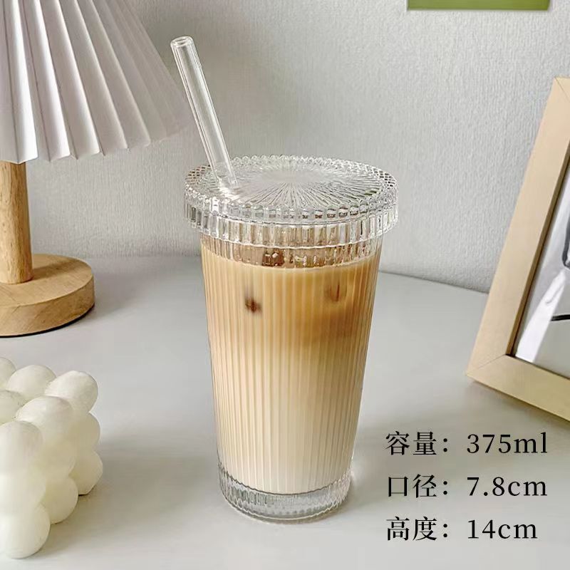 375Ml Stripe Glass Cup with Lid Straw Japanese Style Drinking Chic Mugs Milk Coffee Drinkware Tea Gifts whiskey Glasses