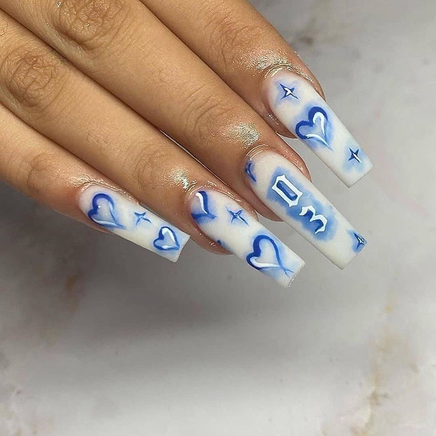 Press On Nails Long Blue Heart Coffin False Nails Star Shiny Pattern Design Ballerina Fake Nails Manicure Full Cover Nail Tips