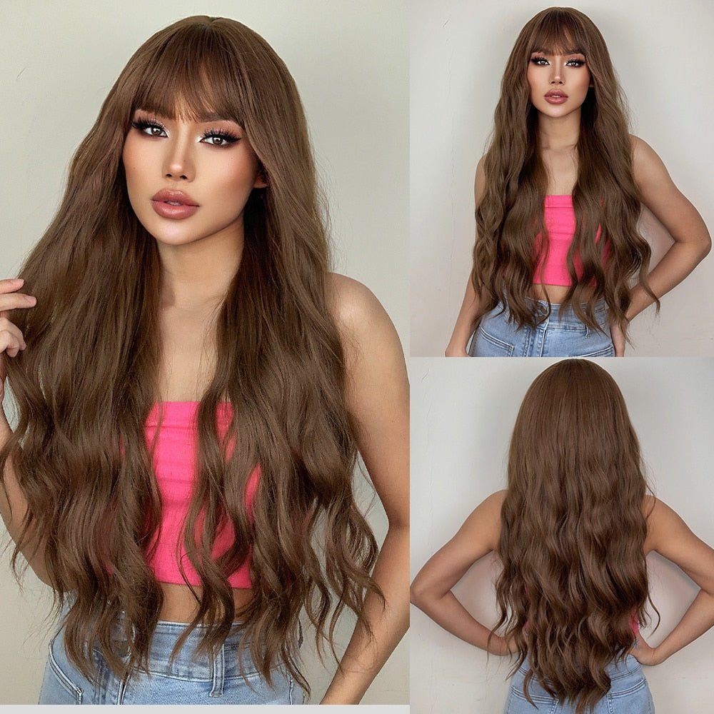 Ginger Orange Synthetic Wigs for Black Women Long Wavy Wigs with Bangs Cosplay Colored Hair Heat Resistant Body Wave Party Wig