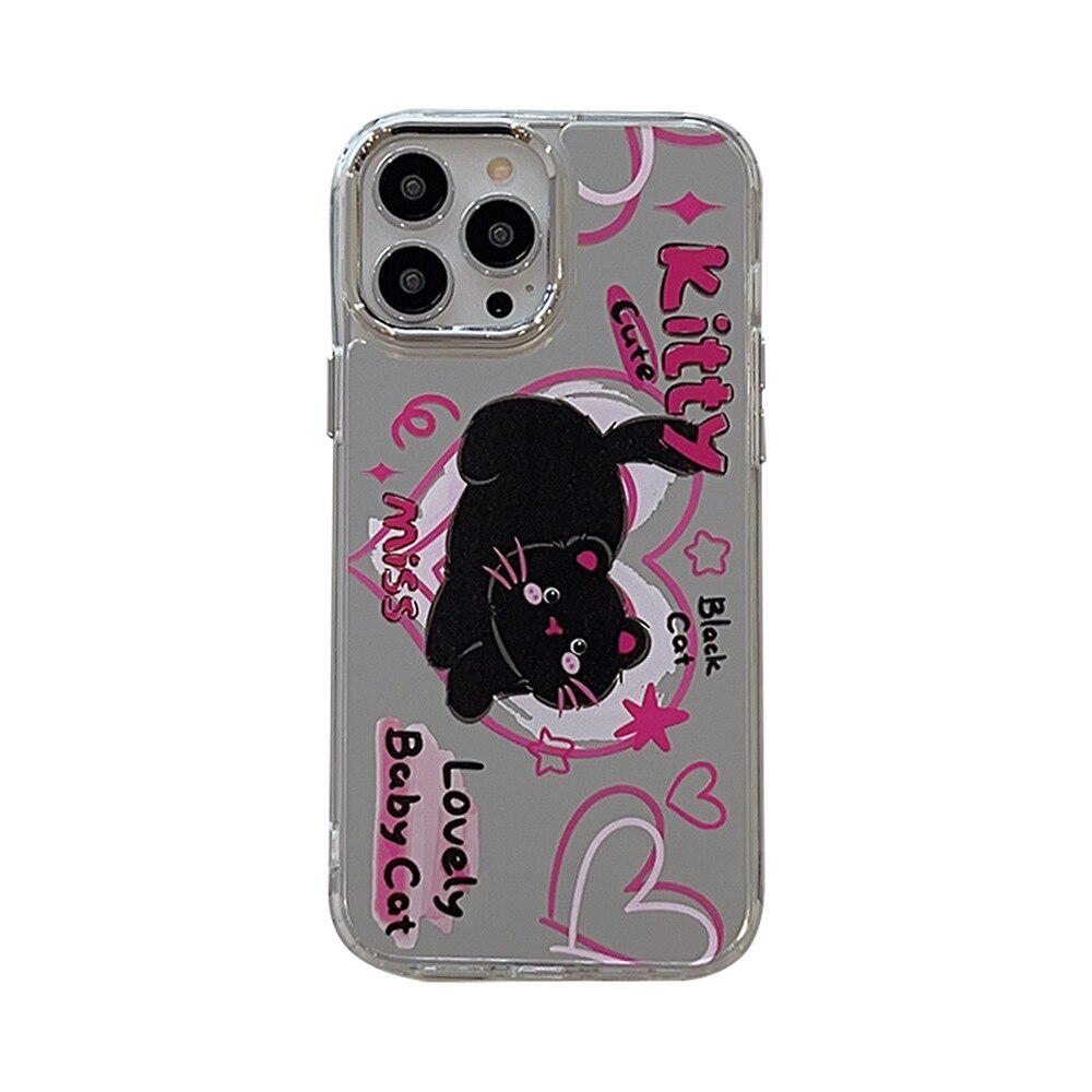 Retro Kawaii Graffiti black cat pink Love art mirror art Phone Case For iPhone 14 13 12 11 Pro Max Case Cute Cartoon hard Cover