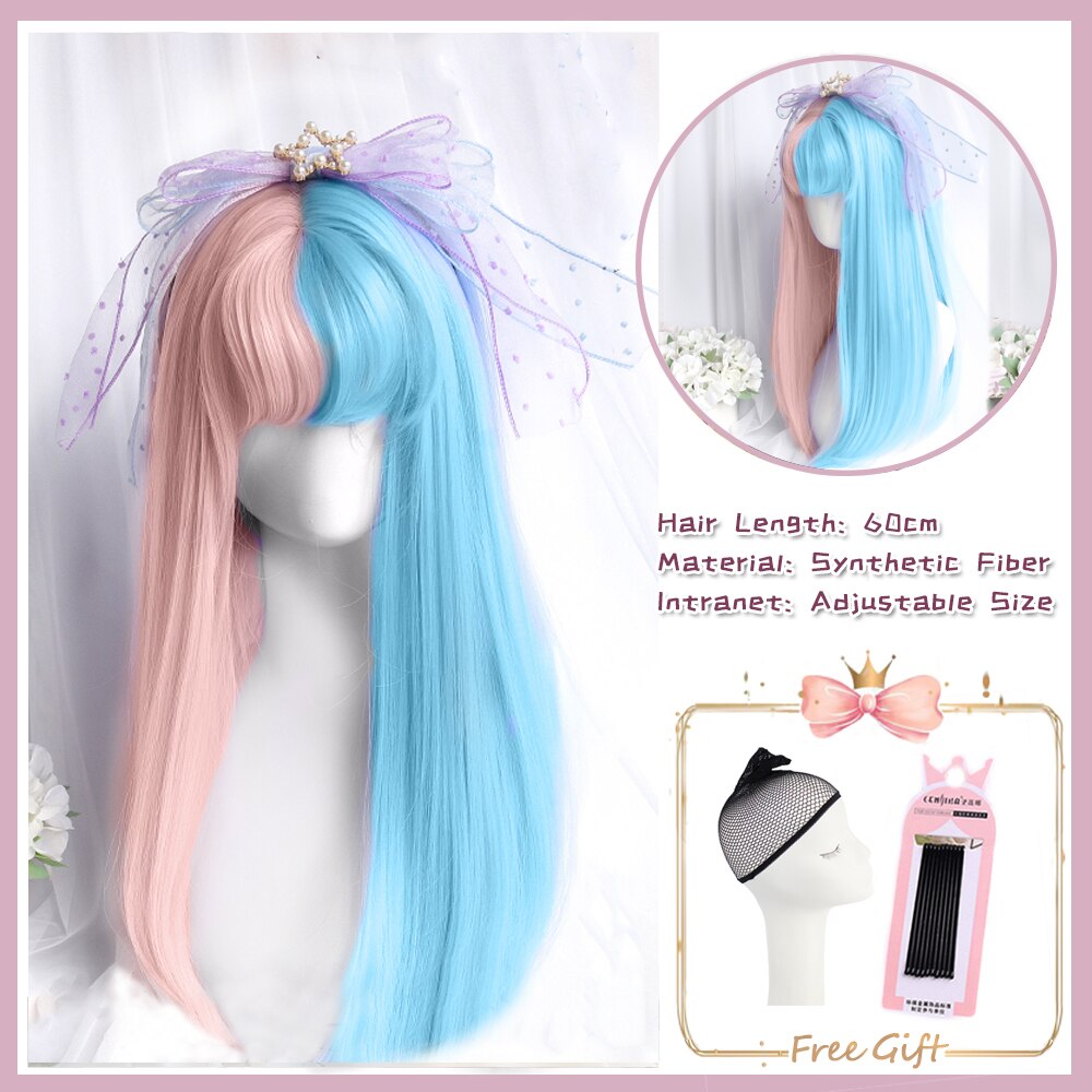 Cosplay Purple Blue High Gloss Bangs Synthetic Long Curly Hair Wig Lolita Women Heat-resistant Wig