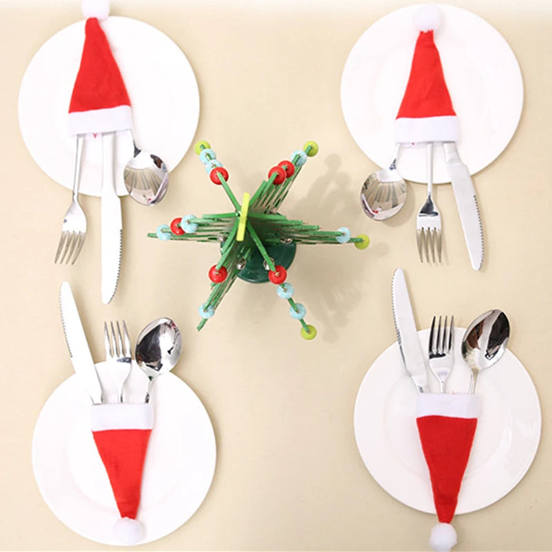 10PCS Tableware Holder Bag Christmas Hat Decorations Kitchen Accessories Home Decor Christmas Ornaments