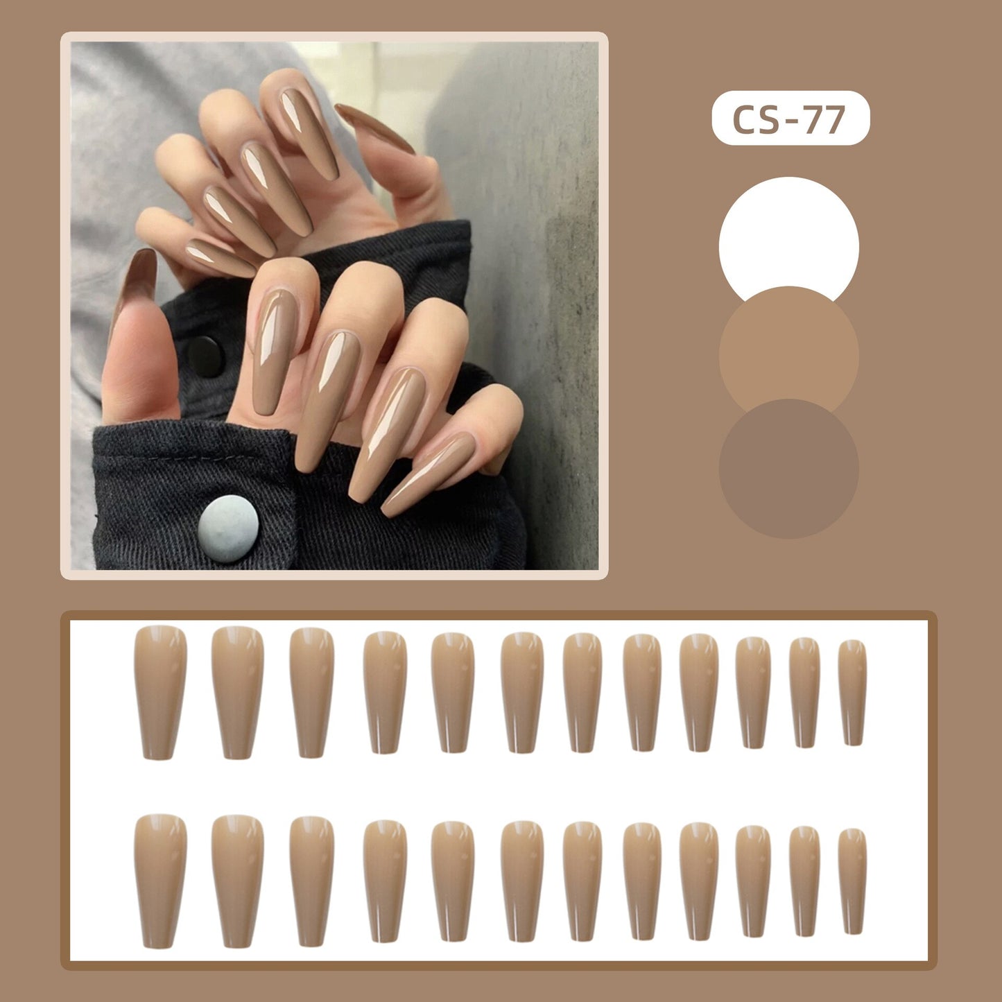 24PCS Khaki Nude Press On False Nails Tips Long Ballerina Pure Color Acrylic Fake Nails Coffin Full Cover Nail With Glue Designs