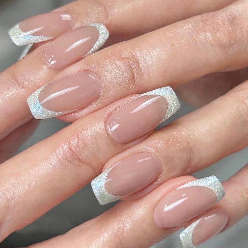 24Pcs Simple False Nails with White Edged Designs Long Ballerina Fake Nails Wearable Coffin French Nails Tips Press on Nails